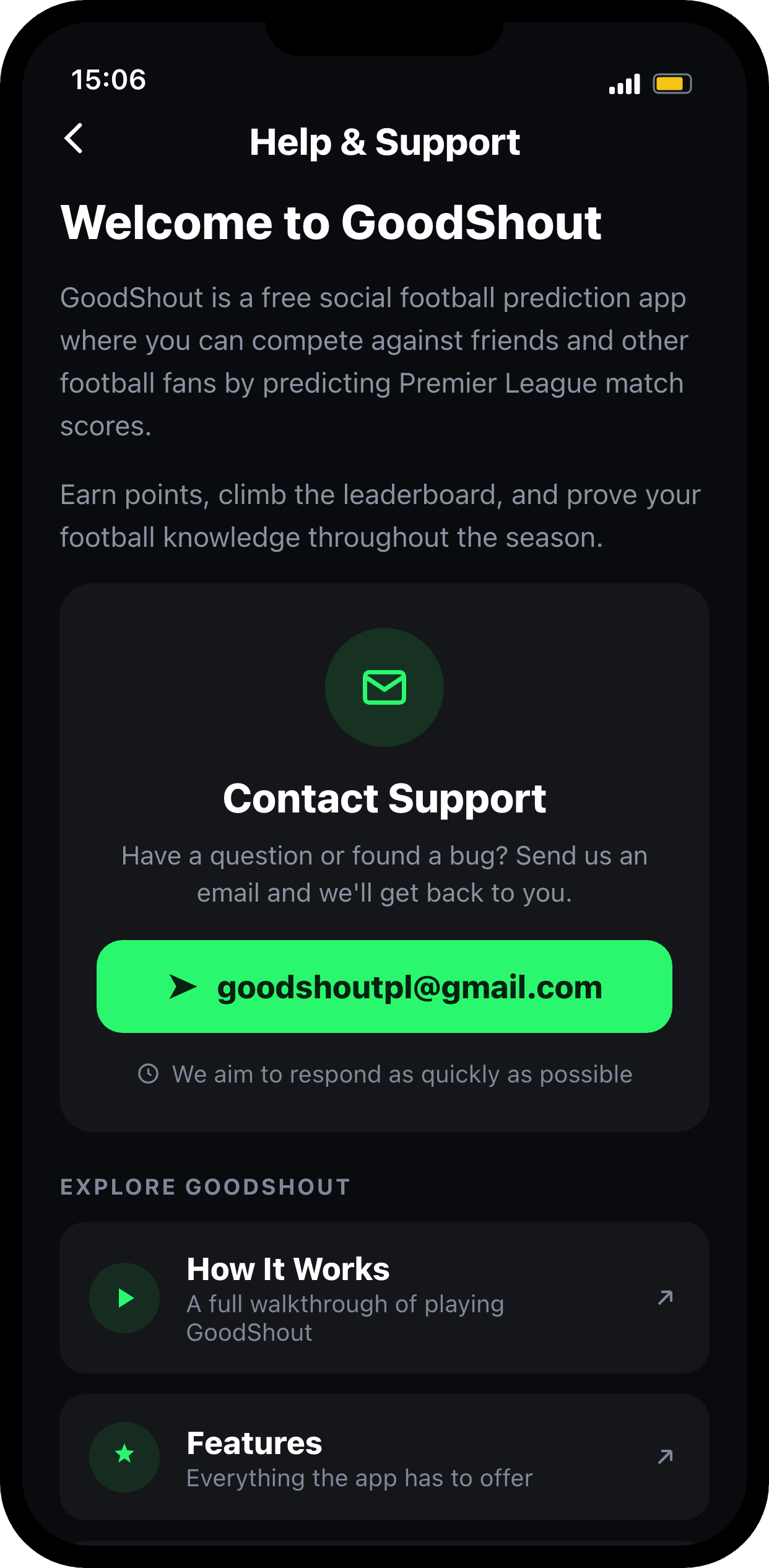 Help and support screen