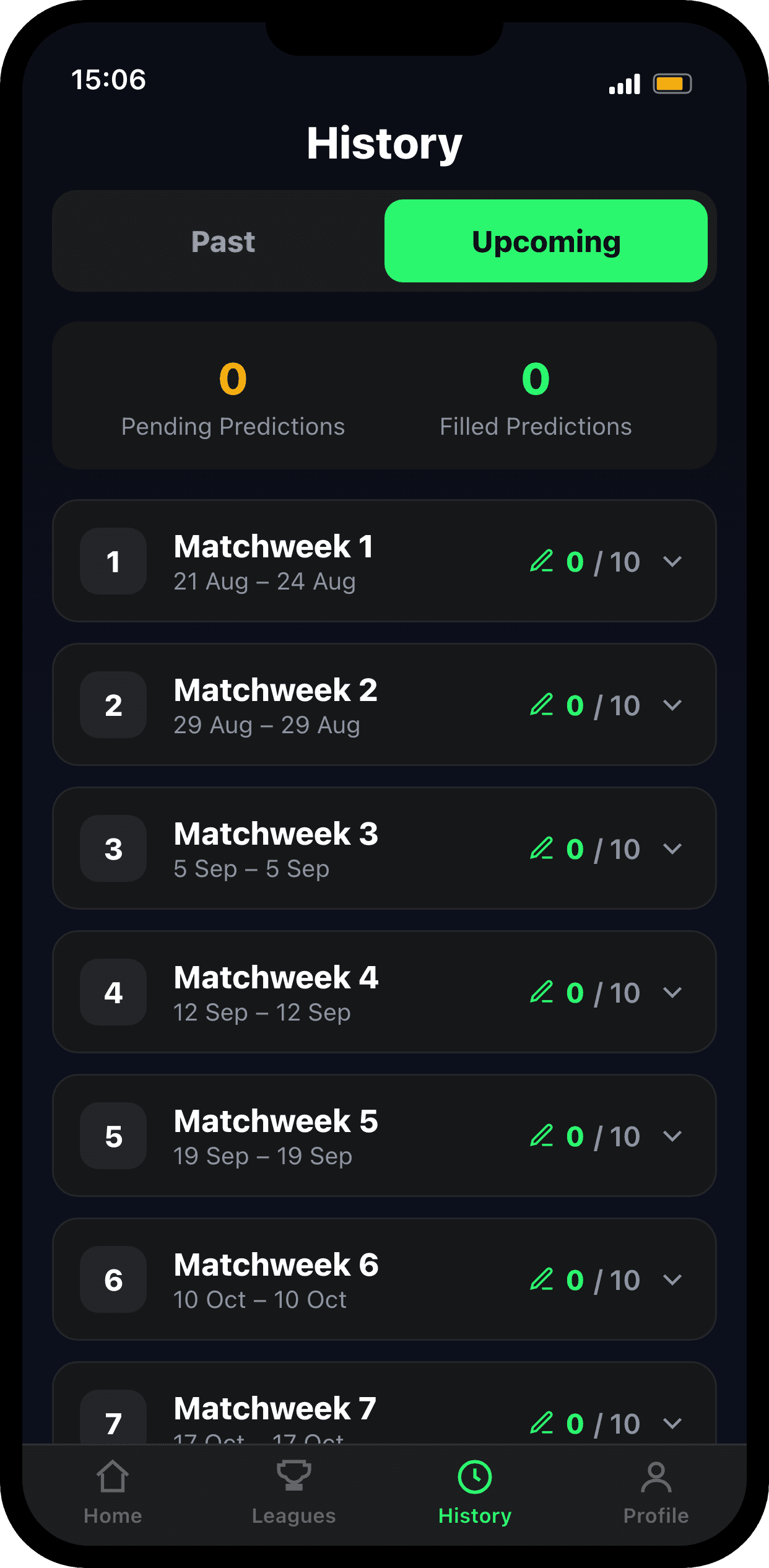 Prediction history screen