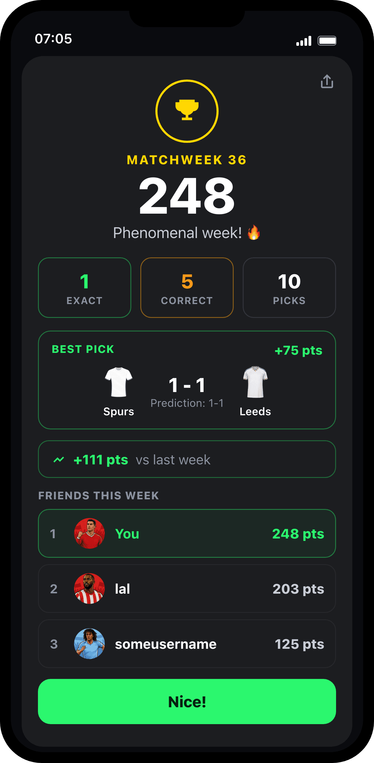 Matchweek summary recap screen