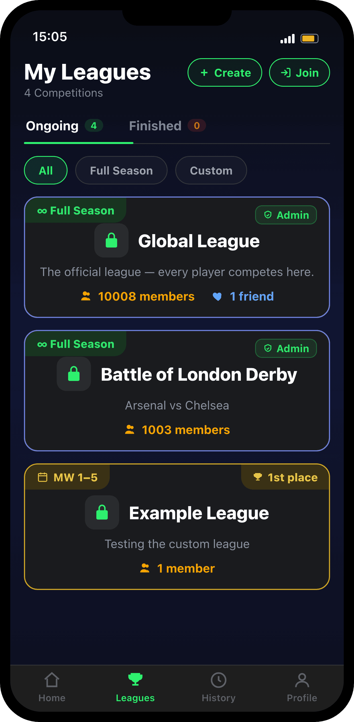 My leagues screen