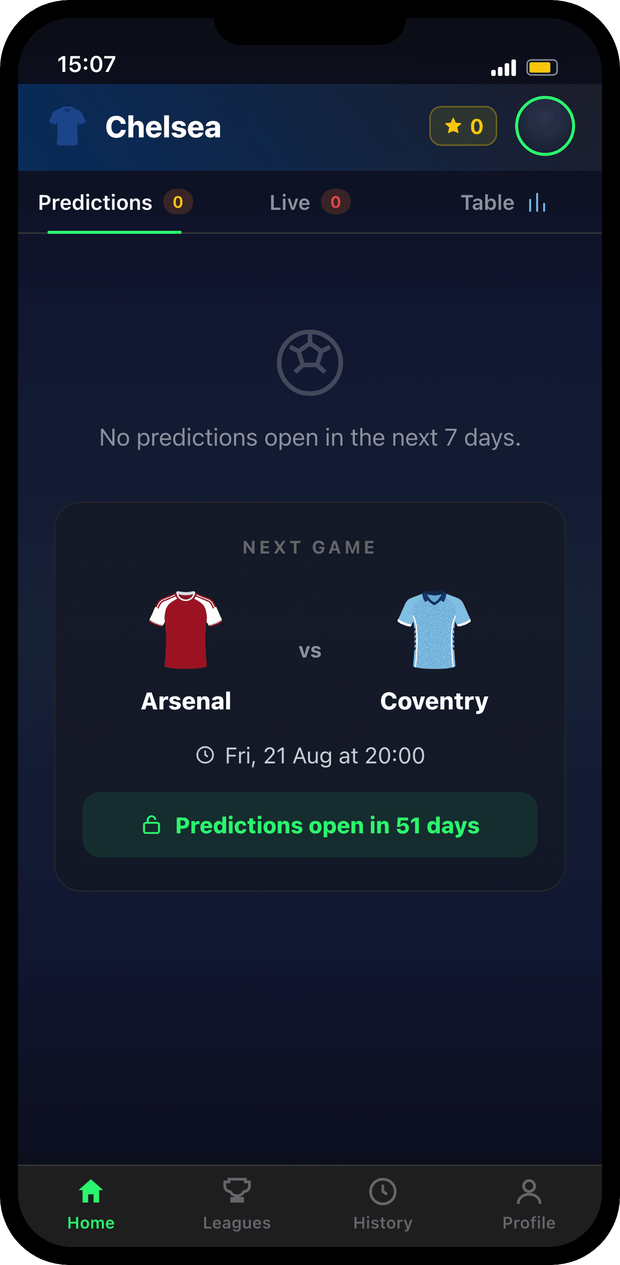 Home screen with next-game countdown