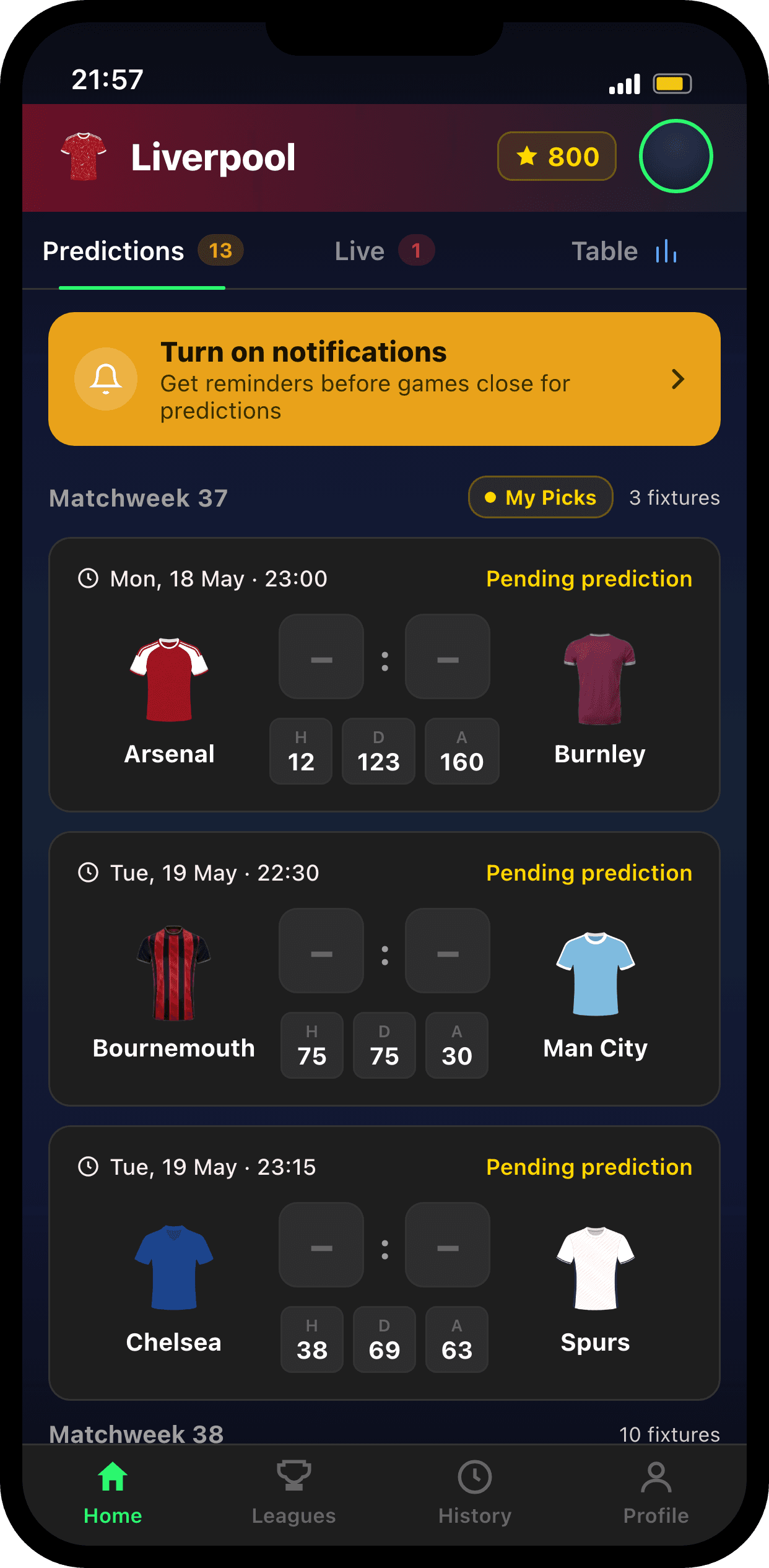Predictions screen with matchweek fixtures